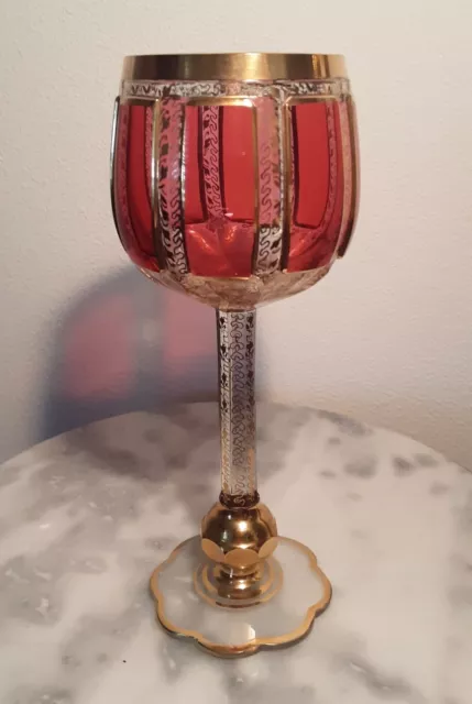 Moser Ruby Cabochon Gilt Decorated Wine Goblet