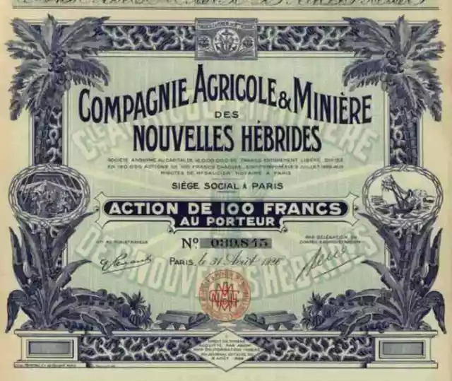 Agricole & Miniere Nouvelles 1926 Hebrides Paris Historische Wertpapiere 100 Fr.