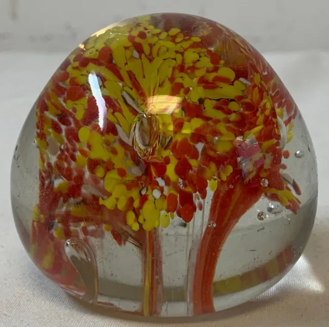vintage (1970s?) FLORAL GLASS PAPERWEIGHT ~ yellow+orange flowers