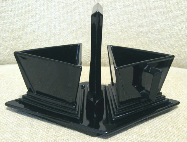 c1930 Art Deco NEW MARTINSVILLE "MODERNISTIC" BLACK GLASS CREAM, SUGAR, CADDY