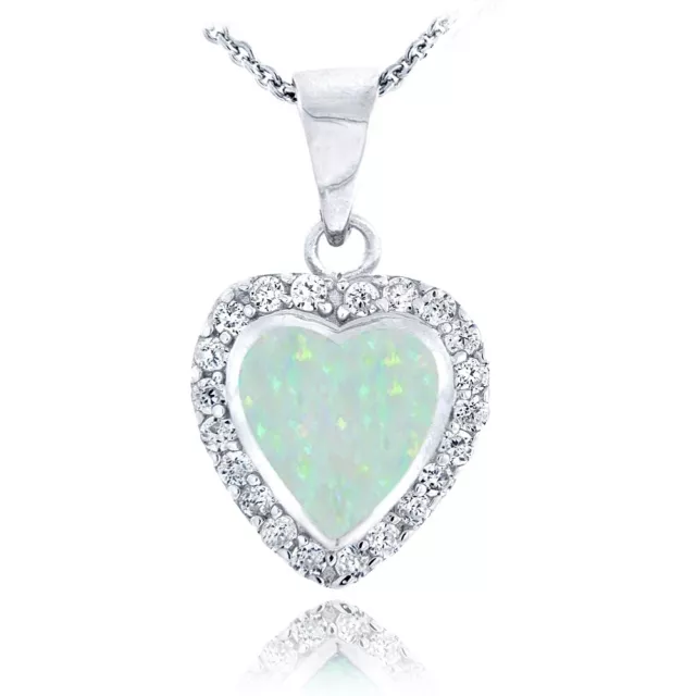 Sterling Silver Lab Created White Opal & Cubic Zirconia Heart Necklace