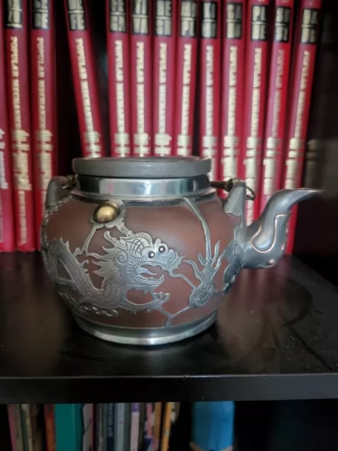 7.5" Old Chinese YIXING Clay Teapot w/ Partial Pewter Covering of Dragons & Bats