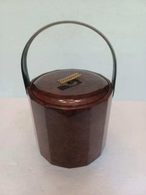 VTG Georges Briard *BURL WOOD LOOK* Ice Bucket LUCITE Lid/Handle Barware USA