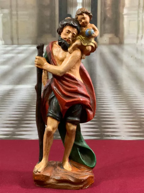 FIGUR HEILIGER CHRISTOPHORUS MIT DEM JESUSKIND AUS HOLZ HANDBEMALT HÖHE 25cm