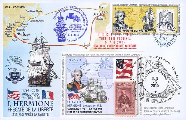 Maxi FDC FRANCE-USA "Escale n°4 Yorktown - Frégate L'HERMIONE / LA FAYETTE" 2015