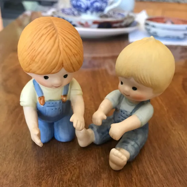 Enesco Kids in Denim Overalls Country Cousins Boy and Girl Porcelain Figurines