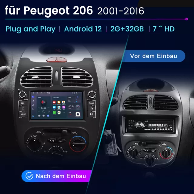 Pour PEUGEOT 206 2001-2016 Android 12 GPS Navi WIFI BT 2+32G CarPlay DAB RDS FM 3