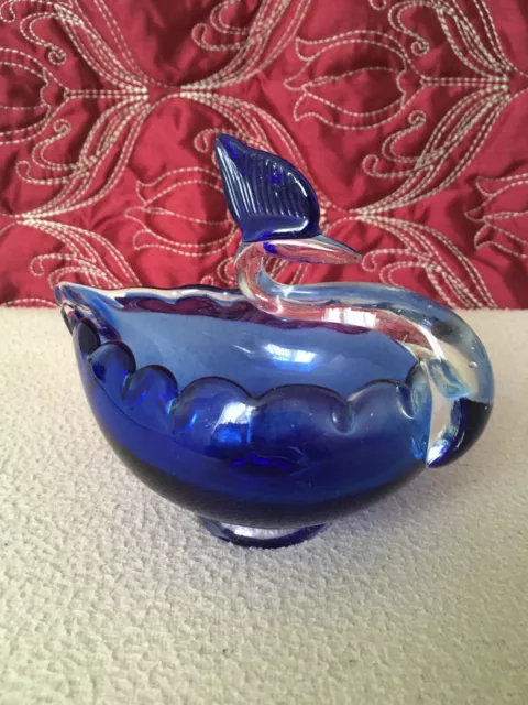 Art Glass Cobalt Blue Swan or Heron Sweet Bowl Dish Vintage Collectable