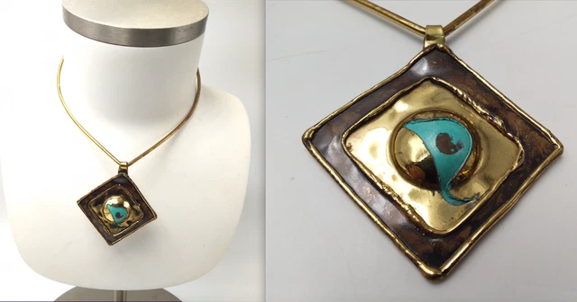 Collier Ancien En Métal Argenté à Pendentif Spirales - Bijou D'artiste Vintage