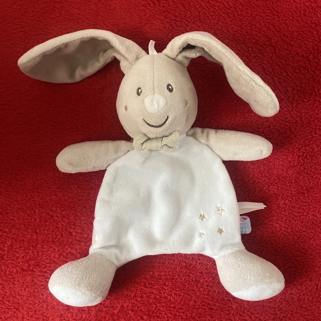 🇫🇷 Doudou Lapin Beige Blanc étoiles dorées noeud - Sucre D'Orge - NEUF