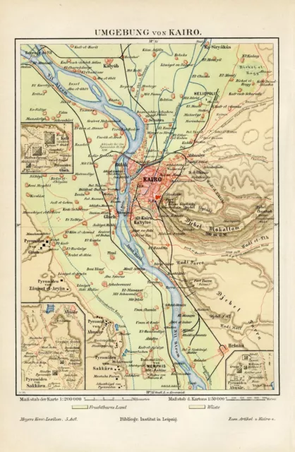 1894 Map of Cairo & surrounds Egypt Ottoman Greece