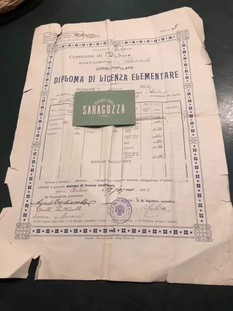 1922 COMUNE DI BUDRIO-BOLOGNA Diploma di licenza elementare-sezione prima-epoca