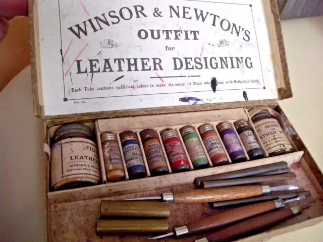 RARE Antique boxed Windsor Newton Leather design outfit circa 1860 with tools