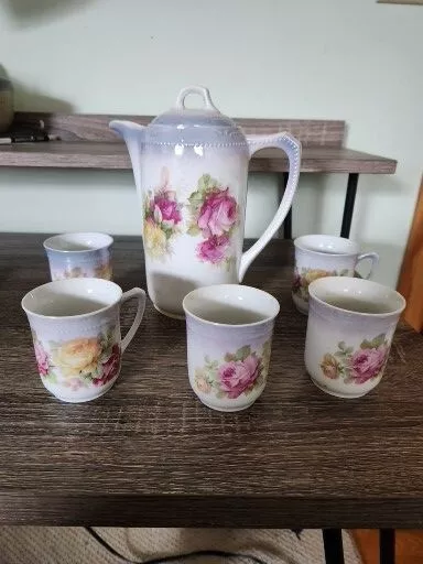 Antique 3 Crown Mark Germany Porcelain Chocolate Pot & Cups Serving Set  Floral