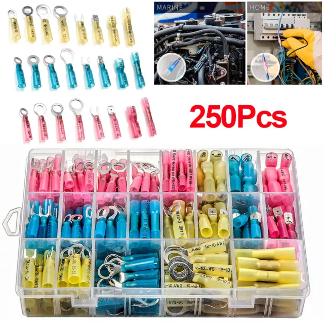 250x Heat Shrink Wire Connectors Electrical Ring Fork Spade Crimp Terminals Kit