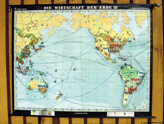 Vintage World Map Economy Earth Traiding Commerce Roots Pull-Down Wall Chart