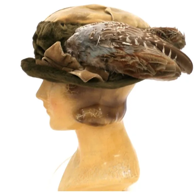 Antique Hat Edwardian Ladies Toque Mohair Bird Wings Feathers Floral Applique L