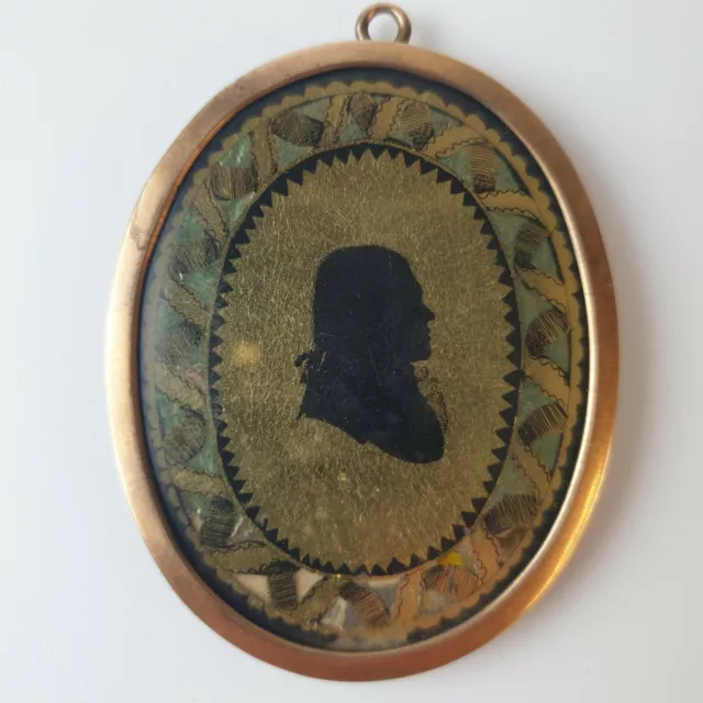 Fine Antique 18th Century Silhouette Portrait A Gentleman Weaved Hair To Reverse