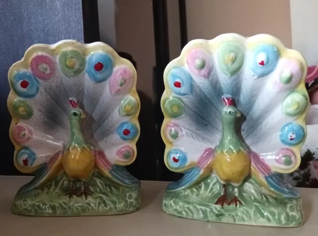 Vintage wall pocket PAIR PEACOCK BIRD  1940's Unique odd LOVELY VGC