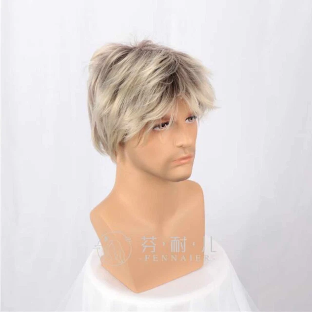 Gradient white gold fluffy hair short Inclined bang cosplay Wig Rose hairnet