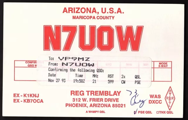 QSL QSO RADIO CARD "Reg Tremblay/N7UOW/Maricopa County", AZ (Q2326)