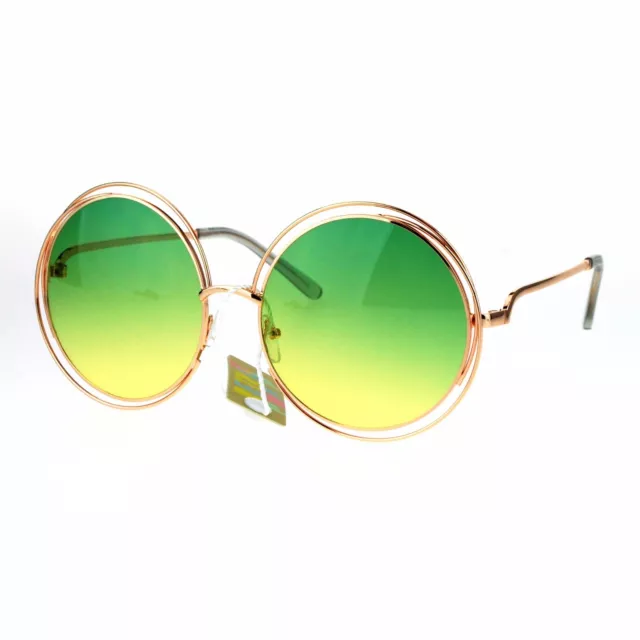 Womens Oversized Sunglasses Rose Gold Metal Wire Round Frame Ombre Color Lens