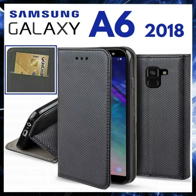 CUSTODIA A PORTAFOGLIO LIBRO per SAMSUNG GALAXY A6 2018 Cover in Pelle Nera Flip