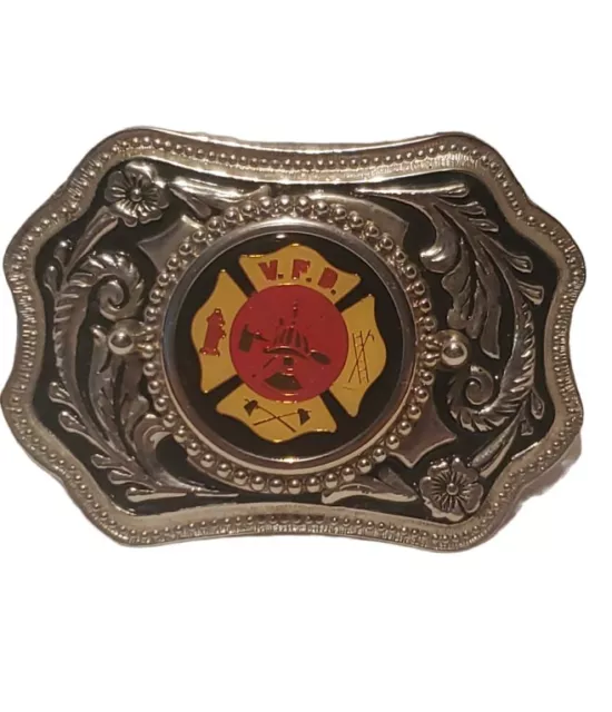 VINTAGE Volunteer Fireman Fire Department Belt Buckle 3 5/8" x 2 5/8"