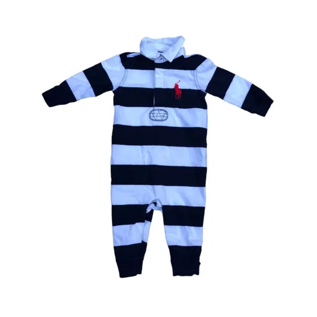 RALPH LAUREN Infant Baby One Piece Coverall 9 Months White Blue Collar Striped
