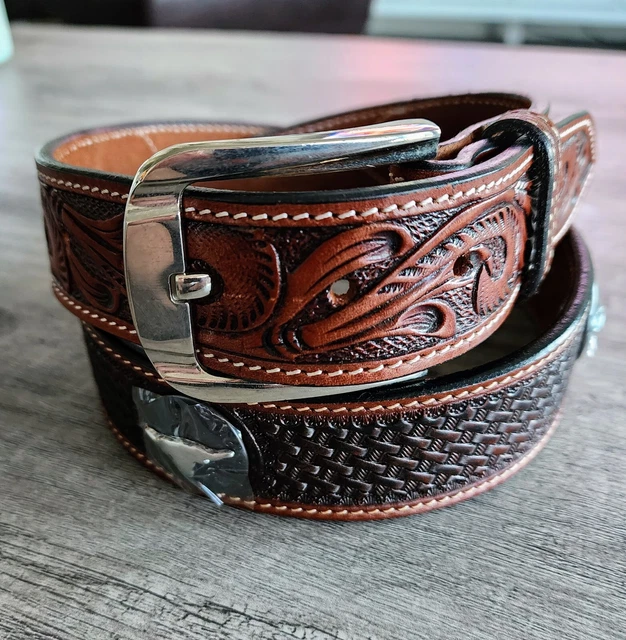 Western Ranger Leather Belt Longhorn  Basket Weave Floral Billet Size 35.5