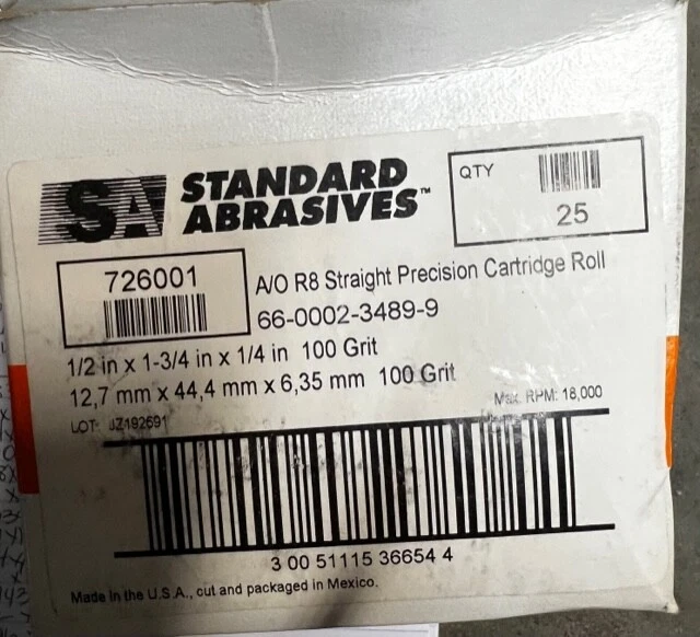 Standard Abrasives A/O R8 Straight Precision Cartridge Roll 726001 100 grit