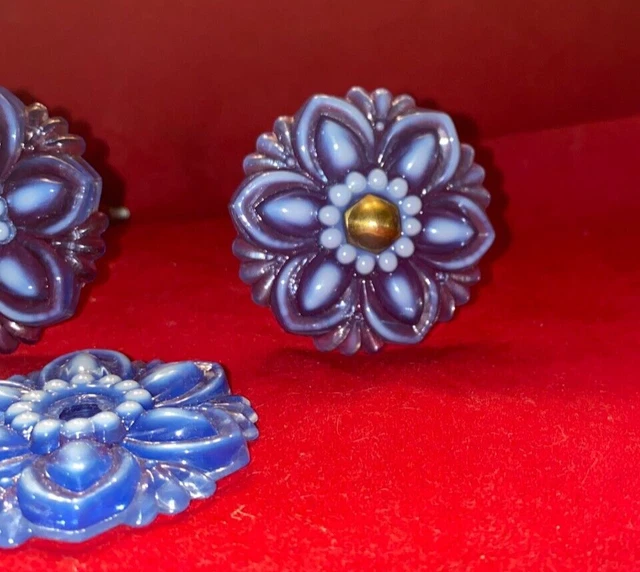 4, 2" Lacy Floral Pressed Sandwich Blue Glass Curtain Tie Backs with Brass stems 2