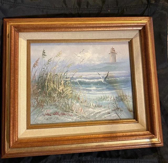 Vintage Oil Painting Lighthouse Beach Scene Karl Kielmann 8x10  seashore