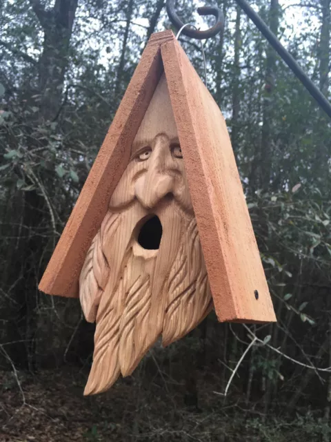 Hand Carved Wood Spirit Old Man Face Cedar Birdhouse