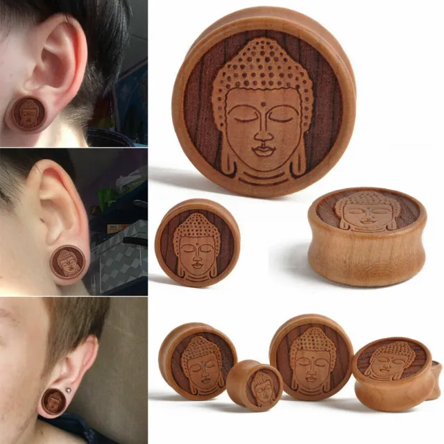 PAIR-MEDITATING BUDDHA ORGANIC WOOD -FLESH TUNNELS-Ear Gauges-Ear Plugs Piercing