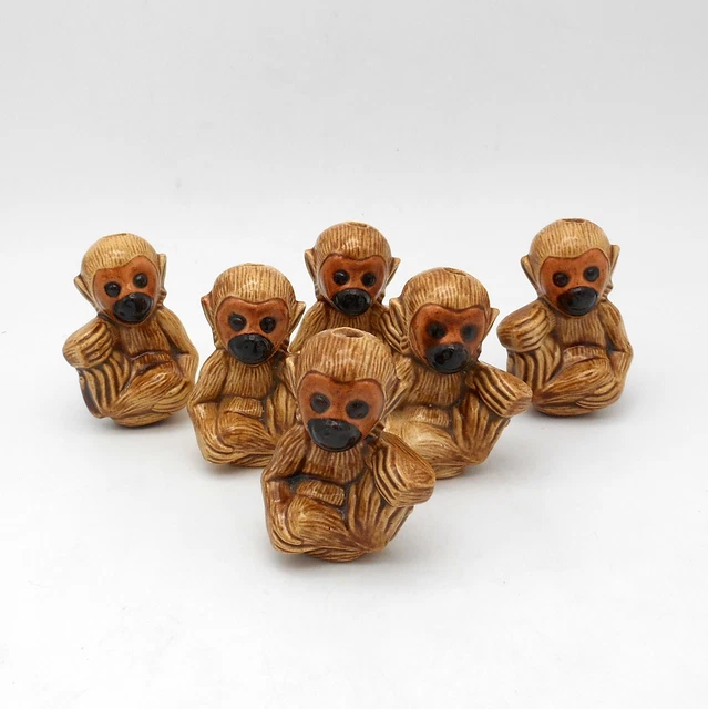 6 Vintage Macrame 3" Cermaic Monkey Beads