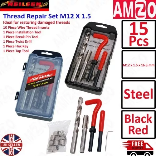 Neilsen 15Pcs Thread Repair Helicoil Type Set M12 x 1.5-16.3mm Long Coils CT2747