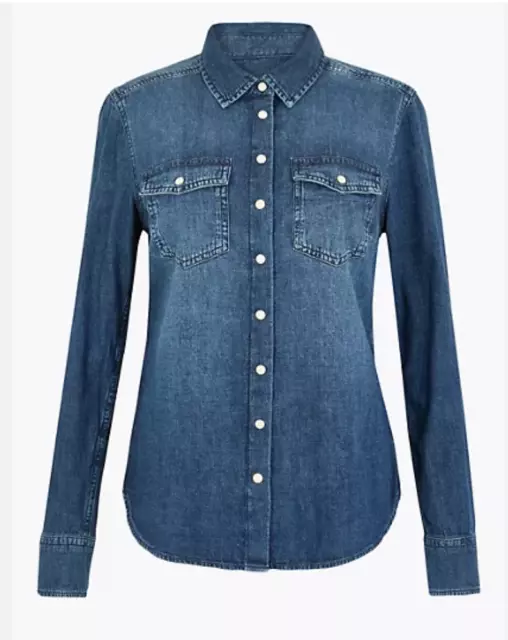 Camicia denim PER UNA UK 18 @ M&S cotone dettaglio blu con bottoni top lungo £35