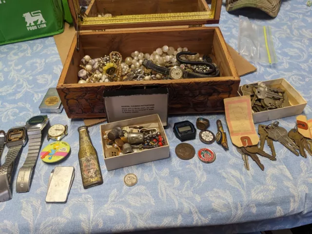 Antique Jewelry Box Junk Drawer Lot , Coins, Watches , Keys