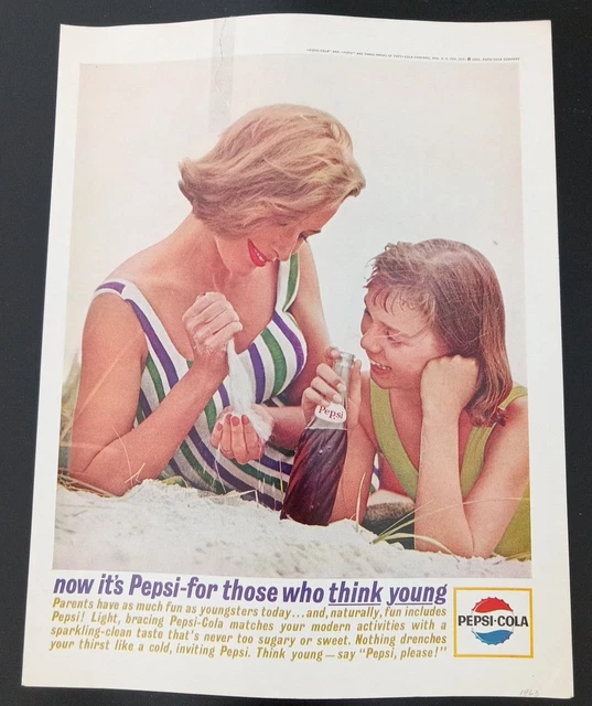 Pepsi Cola Think Young Beautiful Woman Girl Swimsuit 1963 TORN/ TAPED Print Ad