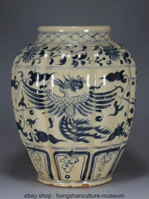 10 ''  Old Chinese Blue White Porcelain Dynasty Flower Pattern Phoenix Bird Jar