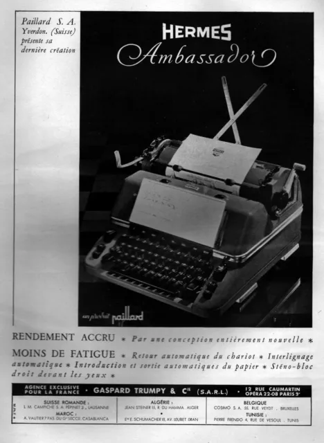 ▬► PUBLICITE ADVERTISING AD Hermès Ambassador Paillard Machine à écrire 1949