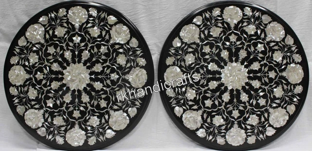 Set De 2 Pièce Noir Marbre Café Table Haut Pierre Précieuse Inlay Travail Canapé