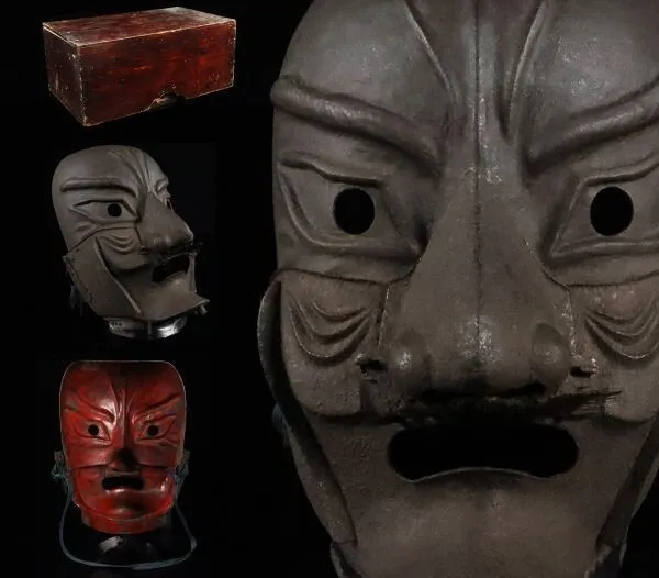 Menpo Full Mask Nanban Iron Edo Japanese Antique Samurai Yoroi Armor w Box