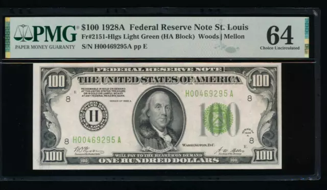 AC 1928A $100 Saint Louis FRN LGS PMG 64 Light Green Seal LGS Fr 2151-H