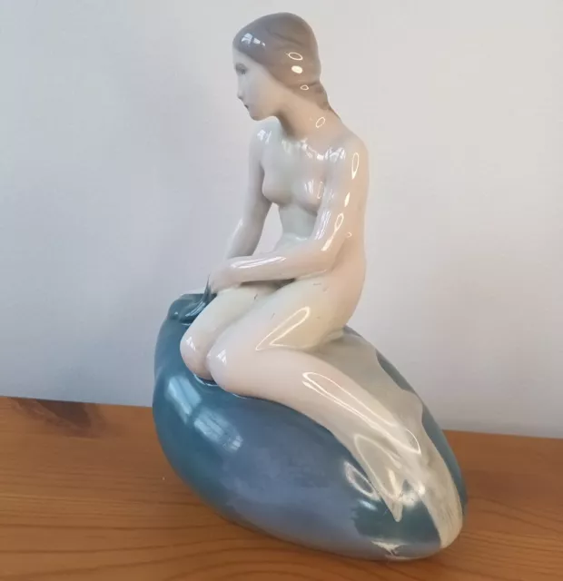 Vtg. Royal Copenhagen Porcelain Little Mermaid on Rock Figurine 9in Tall 2