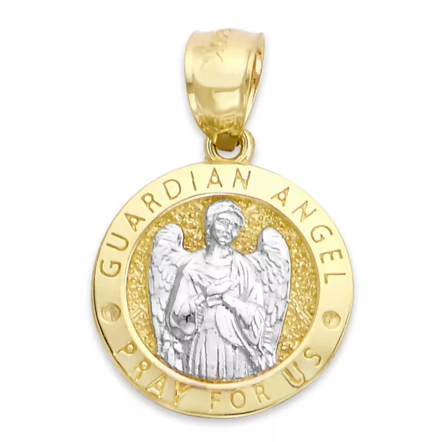 Real Solid Two-Tone Gold Guardian Angel Pendant with Engraving in 10k or 14k