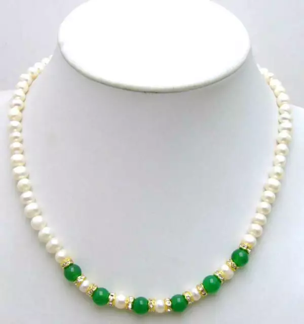6-7mm White Natural Pearl Necklace for Women & Green Jade Necklace 17" Chokers