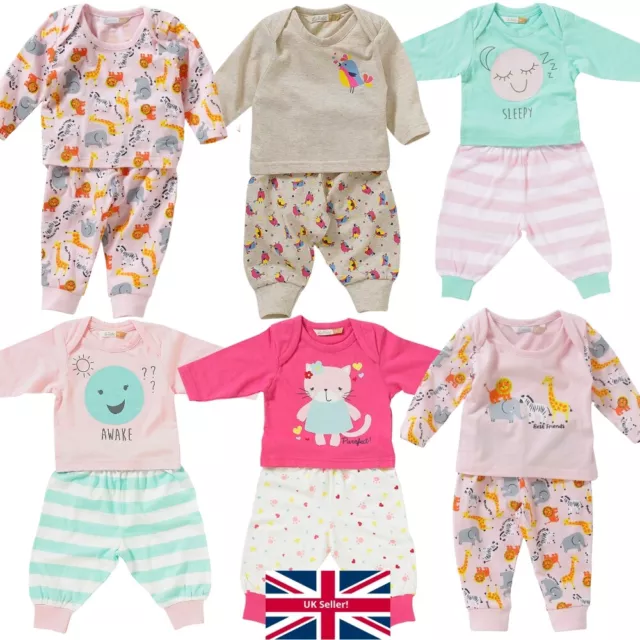 Baby Girls Long Pyjamas PJs Nightwear Cotton Kitten Chick Elephant  0-9mths