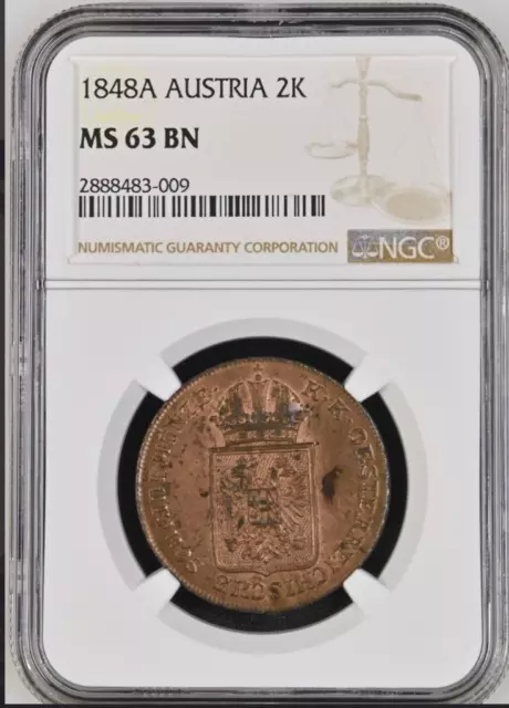 Austria 1848A copper 2 Kreuzer, original luster NGC MS63 Brown – rare nice nice